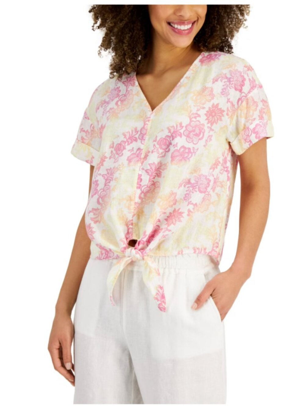 Charter Club White Floral Linen Tie Front Top Resort Coastal Luxury Medium
